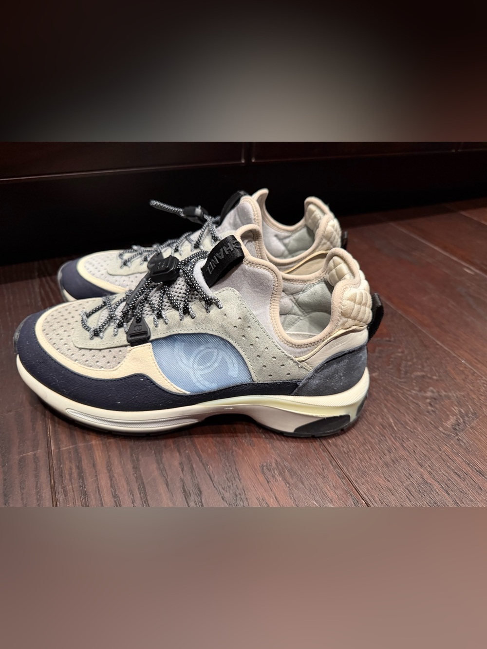 CHANEL Beige, Black & Light Blue Low-Top Sneakers